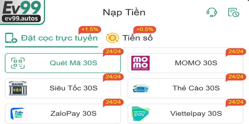 Những phương thức nạp tiền EV99 hiện có 